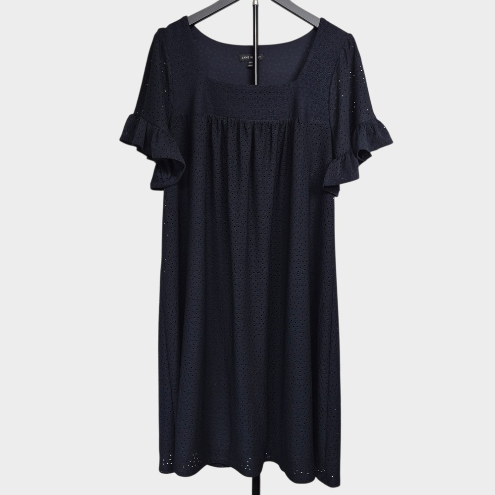 Lane Bryant Navy Blue Eyelet Ruffle Sleeve Square Neck Shift Dress 10/12